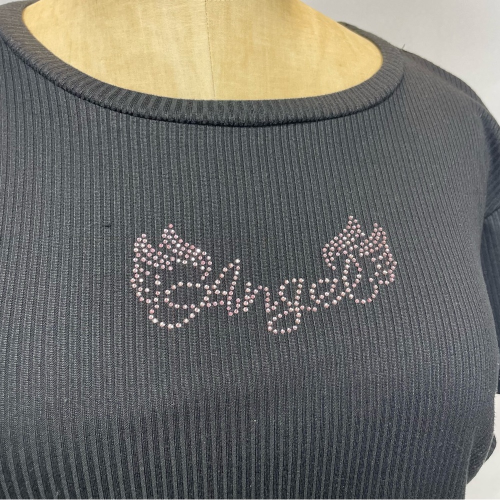Perfectly Angel Top LG Black Rhinestone Y2K Bling Tee Angelcore Baby Black Glam - Picture 2 of 10